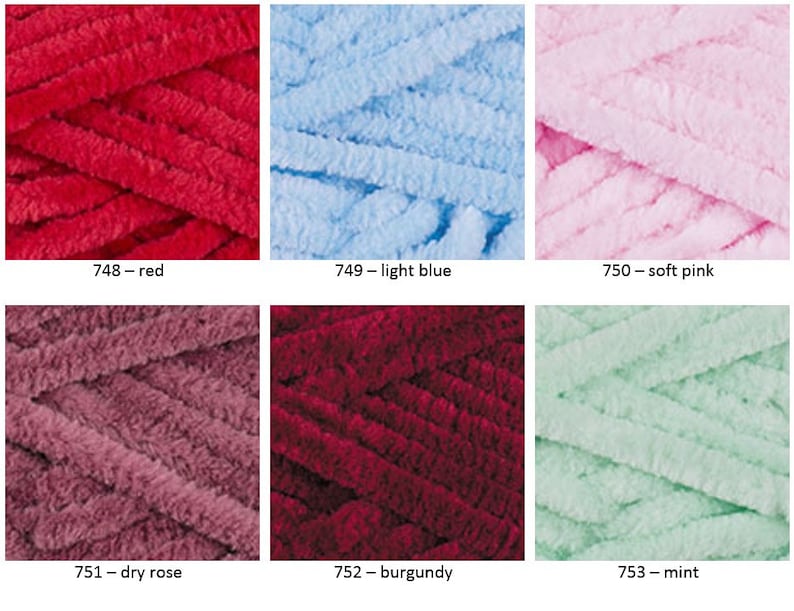 May include: Six skeins of yarn in different colors: red, light blue, soft pink, dry rose, burgundy, and mint. Each skein is made of a fluffy, textured yarn.