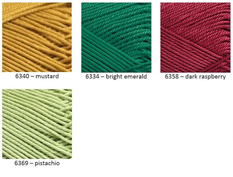 May include: Four skeins of yarn in different colors: mustard yellow, bright emerald green, dark raspberry red, and pistachio green. Each skein is labeled with a number and color name.