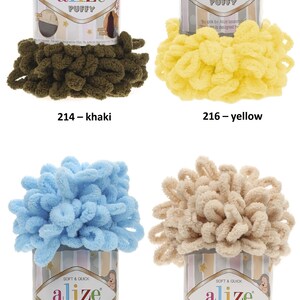 May include: Four skeins of Alize Puffy yarn in different colors: khaki, yellow, light turquoise, and champagne. The yarn is soft and quick to work with, and is perfect for creating cozy blankets, scarves, and hats.