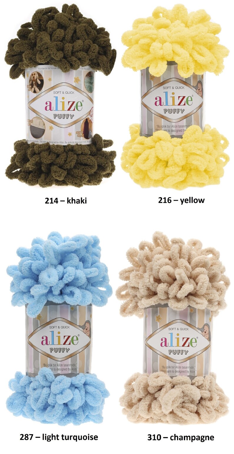 May include: Four skeins of Alize Puffy yarn in different colors: khaki, yellow, light turquoise, and champagne. The yarn is soft and quick to work with, and is perfect for creating cozy blankets, scarves, and hats.