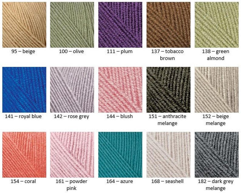 May include: A color chart of yarn samples in various shades of beige, green, purple, brown, blue, grey, pink, teal, and white. The yarn samples are arranged in a grid pattern with the color name and number listed below each sample.