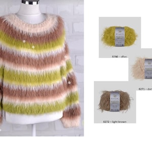 May include: A striped fuzzy sweater in shades of brown, pink, and green. The sweater is made of a soft, fluffy yarn and has a relaxed fit. The yarn is available in three colours: olive, dark beige, and light brown.
