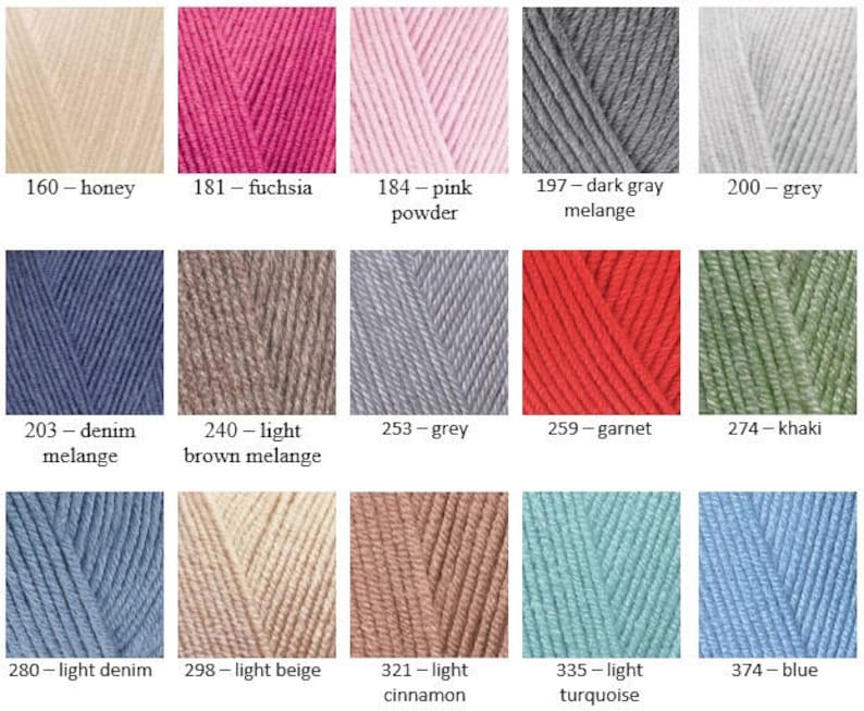 May include: Swatch card showing 12 different yarn colors. The colors are: honey, fuchsia, pink powder, dark gray melange, grey, denim melange, light brown melange, grey, garnet, khaki, light denim, light beige, light cinnamon, light turquoise, and blue.