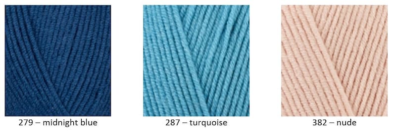 May include: Three balls of yarn in different colours: midnight blue, turquoise, and nude. The yarn is a soft, textured cotton blend.