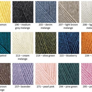 May include: Swatch card showing 12 different yarn colors, including lemon, medium grey melange, denim melange, light brown melange, light grey melange, petrol, cream melange, olive green, blueberry, spice, brown melange, lavender, pearl pink, pine green, and pink rose.