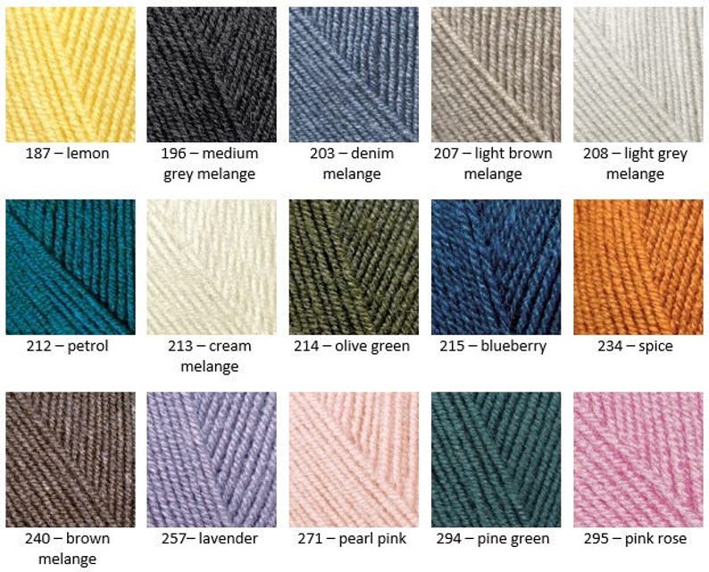 May include: Swatch card showing 12 different yarn colors, including lemon, medium grey melange, denim melange, light brown melange, light grey melange, petrol, cream melange, olive green, blueberry, spice, brown melange, lavender, pearl pink, pine green, and pink rose.