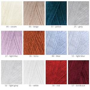 May include: A color chart showing yarn samples in various colors, including cream, beige, petrol, grey, light lilac, terra, blue, light blue, light grey, white, red, and bordeaux. Each yarn sample is labeled with a number and color name.