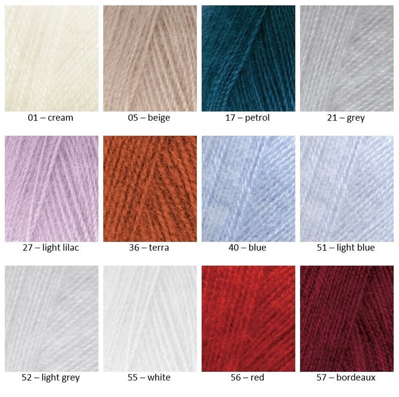 May include: A color chart showing yarn samples in various colors, including cream, beige, petrol, grey, light lilac, terra, blue, light blue, light grey, white, red, and bordeaux. Each yarn sample is labeled with a number and color name.