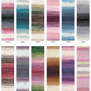 Puede incluir: Una colecci&oacute;n de 10 ovillos de lana con diferentes combinaciones de colores. Cada ovillo presenta un degradado de colores, incluyendo rosa, azul, verde, marr&oacute;n y gris. Los ovillos est&aacute;n dispuestos en dos filas de cinco, con los n&uacute;meros 1602, 1892, 1893, 1895, 1899, 1900, 1984, 1986, 2527, 2626, 2630 y 2807 impresos debajo de cada ovillo.