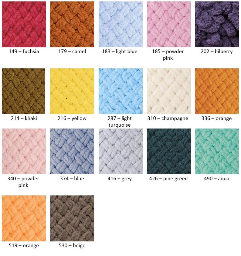 May include: A color chart of yarn samples in various colors, including fuchsia, camel, light blue, powder pink, bilberry, khaki, yellow, light turquoise, champagne, orange, powder pink, blue, grey, pine green, aqua, orange, and beige.