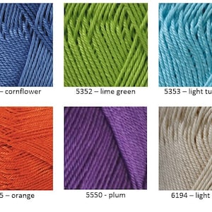 May include: Six skeins of yarn in different colors: cornflower blue, lime green, light turquoise, orange, plum, and light beige. Each skein is labeled with a number and color name.