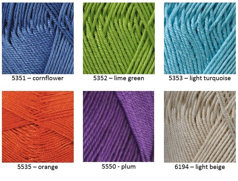 May include: Six skeins of yarn in different colors: cornflower blue, lime green, light turquoise, orange, plum, and light beige. Each skein is labeled with a number and color name.