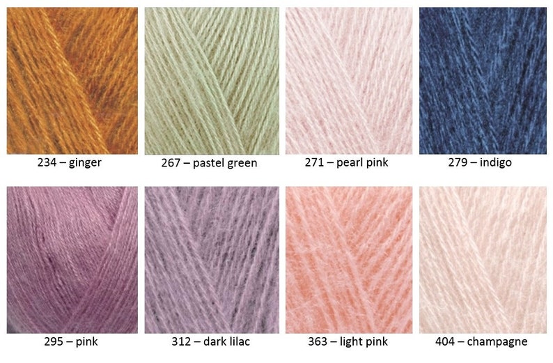 Op de afbeelding: Garenstalen in verschillende kleuren, waaronder gember, pastelgroen, parelroze, indigo, roze, donkerlila, lichtroze en champagne. Elk staal is gelabeld met een nummer en een kleurnaam.