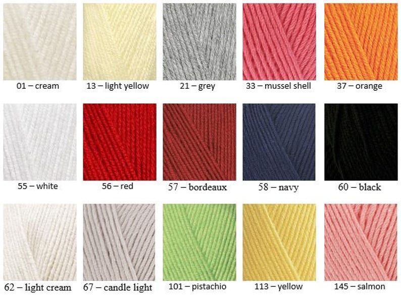 May include: A color chart showing 12 different yarn colors. The colors are: cream, light yellow, grey, mussel shell, orange, white, red, bordeaux, navy, black, light cream, candle light, pistachio, yellow, and salmon.