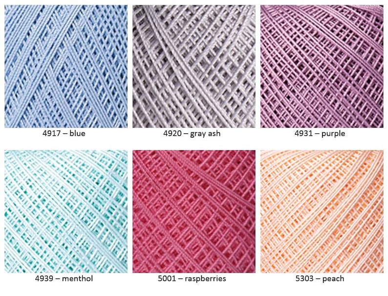 May include: Six skeins of yarn in different colors: blue, gray ash, purple, mint, raspberry, and peach. Each skein is a close-up of the yarn texture.
