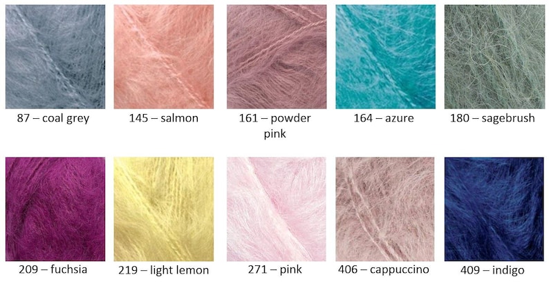 May include: A color chart featuring ten swatches of fuzzy, textured yarn in various shades: 87 coal grey, 145 salmon, 161 powder pink, 164 azure, 180 sagebrush, 209 fuchsia, 219 light lemon, 271 pink, 406 cappuccino, and 409 indigo.