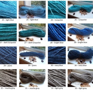 Op de afbeelding: Een verzameling van 12 bollen garen in verschillende tinten blauw, turquoise en grijs. Het garen is gerangschikt in rijen van twee, waarbij elke bol is gelabeld met een nummer en een kleurnaam.