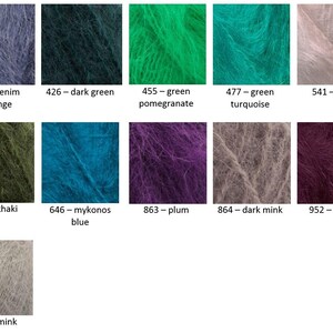 May include: A grid of eleven fuzzy yarn swatches in various colors labeled with numbers and names: 411 denim melange, 426 dark green, 455 green pomegranate, 477 green turquoise, 541 mink, 620 khaki, 646 mykonos blue, 863 plum, 864 dark mink, 952 cherry, 990 mink.