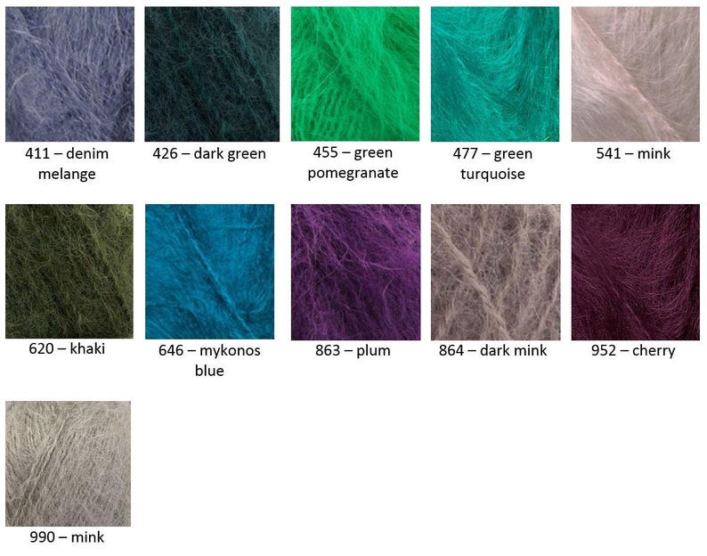 May include: A grid of eleven fuzzy yarn swatches in various colors labeled with numbers and names: 411 denim melange, 426 dark green, 455 green pomegranate, 477 green turquoise, 541 mink, 620 khaki, 646 mykonos blue, 863 plum, 864 dark mink, 952 cherry, 990 mink.
