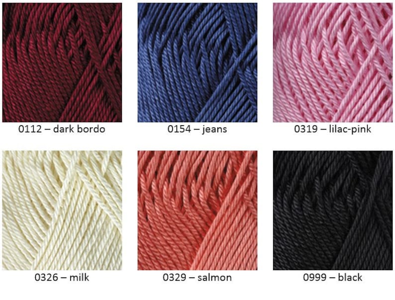 May include: Six skeins of yarn in different colors: dark burgundy, blue, pink, cream, coral, and black. Each skein is labeled with a number and color name.