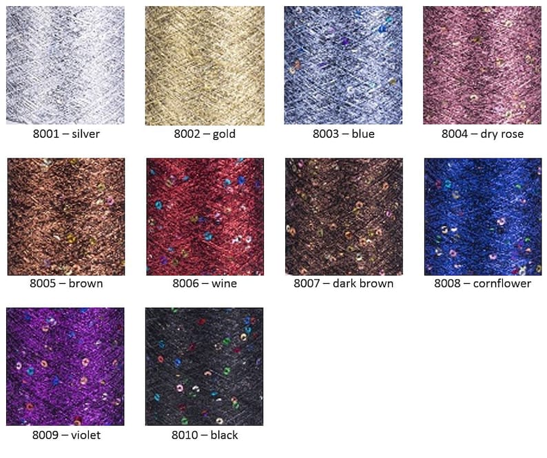 May include: A collection of ten spools of thread in various colors, including silver, gold, blue, dry rose, brown, wine, dark brown, cornflower, violet, and black. Each spool has a small label with a number and color name.