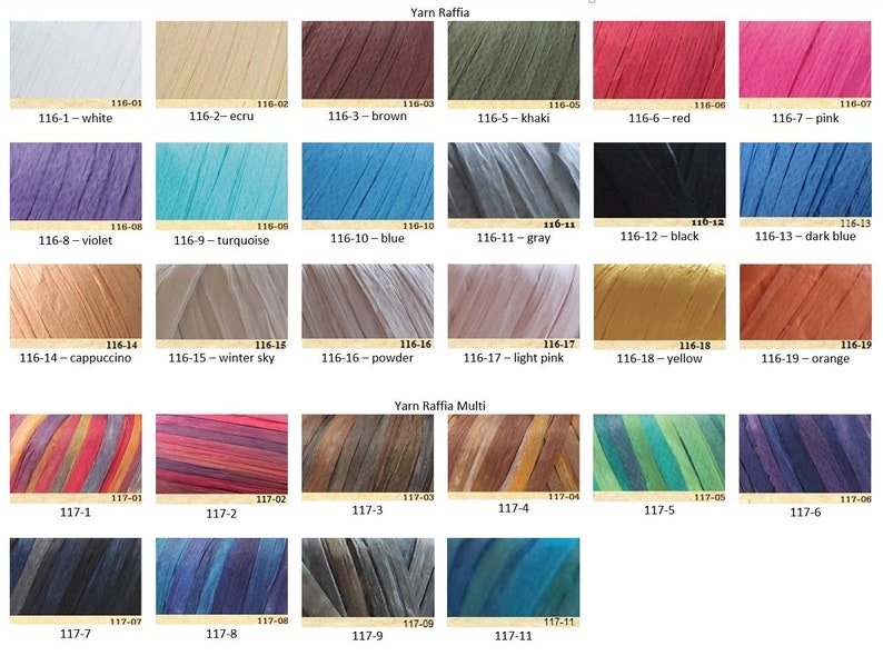 May include: A color chart of yarn raffia in various colors, including white, ecru, brown, khaki, red, pink, violet, turquoise, blue, gray, black, dark blue, cappuccino, winter sky, powder, light pink, yellow, and orange. The chart also includes a section for multi-colored yarn raffia.