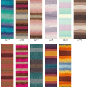Puede incluir: Una colecci&oacute;n de 10 ovillos de lana diferentes con rayas de colores. Cada ovillo est&aacute; etiquetado con un n&uacute;mero.