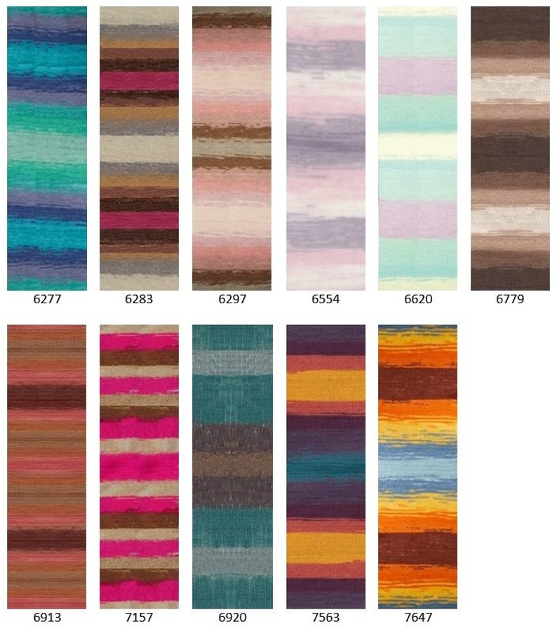 Puede incluir: Una colecci&oacute;n de 10 ovillos de lana diferentes con rayas de colores. Cada ovillo est&aacute; etiquetado con un n&uacute;mero.