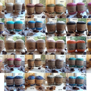 May include: Assortment of 20 skeins of yarn in various colors, including beige, brown, teal, gray, pink, orange, yellow, red, and blue. Each skein is labeled "Fibra Natura Raffia" with the number 116 or 117 followed by a number.