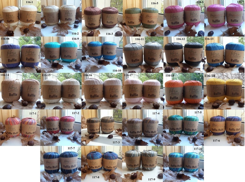 May include: Assortment of 20 skeins of yarn in various colors, including beige, brown, teal, gray, pink, orange, yellow, red, and blue. Each skein is labeled "Fibra Natura Raffia" with the number 116 or 117 followed by a number.