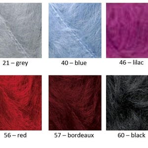 May include: A grid of ten fuzzy yarn skeins in various colors labeled with numbers and names: 01-cream, 21-grey, 40-blue, 46-lilac, 53-dark grey, 55-white, 56-red, 57-bordeaux, 60-black, and 67-candle light, showcasing the soft, fibrous texture.