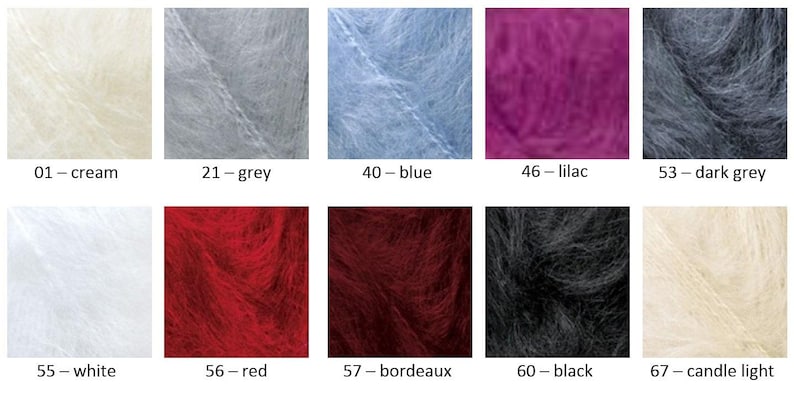 May include: A grid of ten fuzzy yarn skeins in various colors labeled with numbers and names: 01-cream, 21-grey, 40-blue, 46-lilac, 53-dark grey, 55-white, 56-red, 57-bordeaux, 60-black, and 67-candle light, showcasing the soft, fibrous texture.