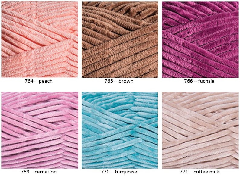 May include: Six skeins of yarn in different colors: peach, brown, fuchsia, carnation, turquoise, and coffee milk. The yarn is a fuzzy, textured type.