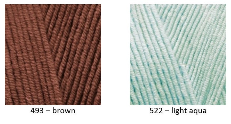 May include: Two yarn samples, one brown and one light aqua. The yarn is textured and has a subtle sheen. The yarn samples are labelled with their corresponding colour numbers and names: 493 - brown and 522 - light aqua.