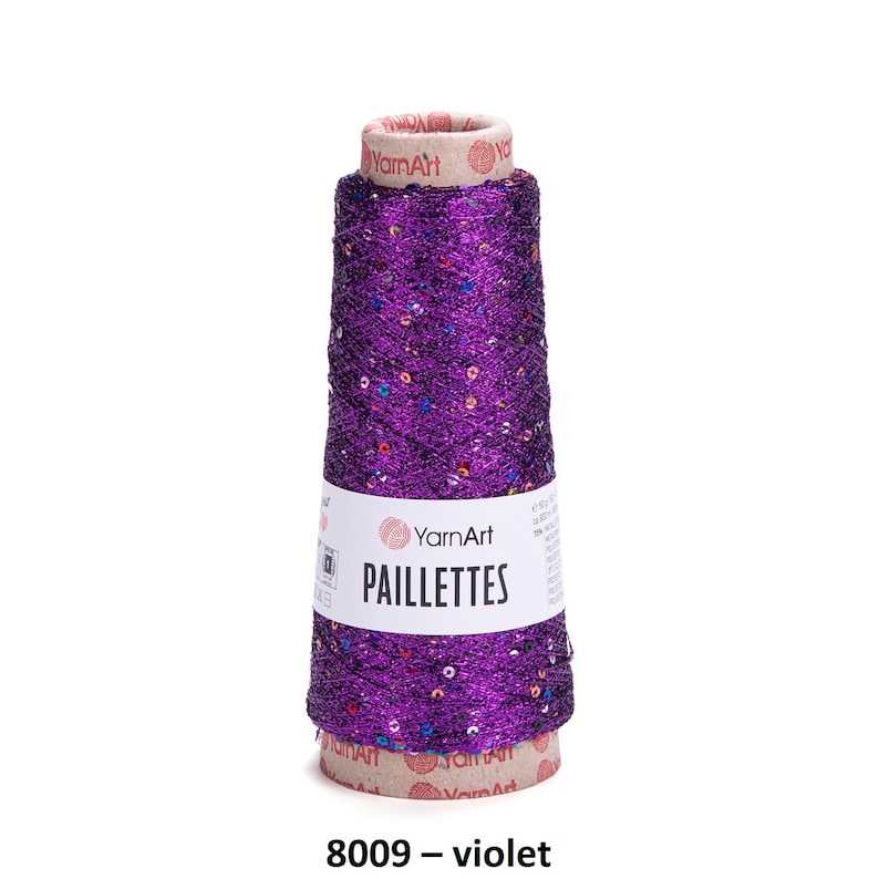 May include: A spool of purple yarn with sequins, labeled "YarnArt Paillettes 8009 - violet"