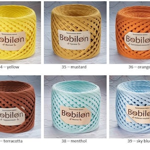 K&ouml;nnte beinhalten: Sechs Spulen Bobilon-Garn in verschiedenen Farben: Gelb, Senf, Orange, Terrakotta, Minze und Himmelblau. Jede Spule tr&auml;gt ein Etikett mit dem Markennamen und dem Farbnamen.