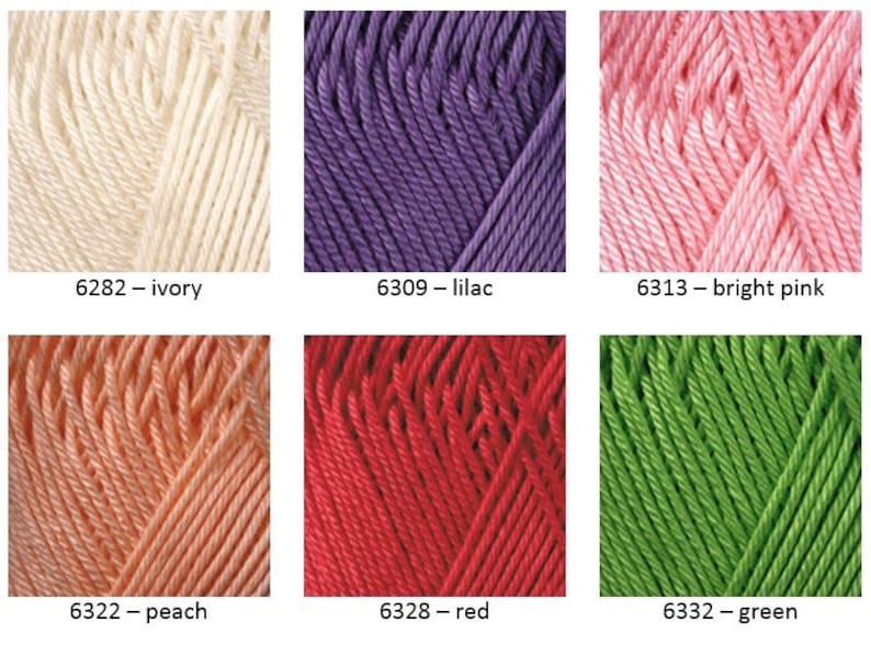 May include: Six skeins of yarn in different colors: ivory, lilac, bright pink, peach, red, and green. Each skein is labeled with a number and color name.