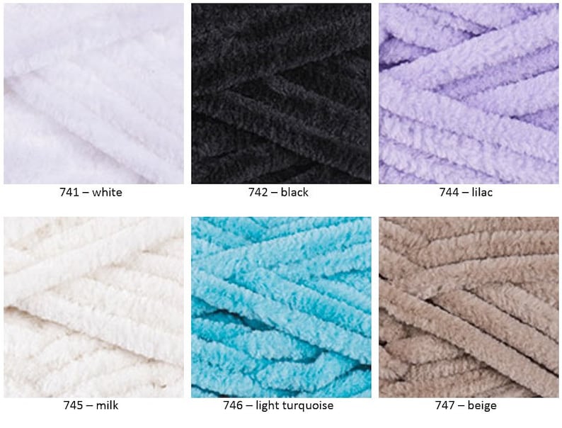 May include: Six skeins of yarn in different colors: white, black, lilac, milk, light turquoise, and beige. The yarn is a fuzzy, chenille-like texture.