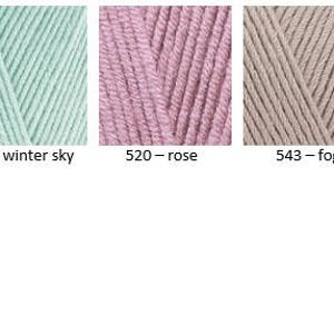 May include: Yarn samples in various colors, including light blue, winter sky, rose, fog, lilac, and citric. Each sample is labeled with a number and color name.