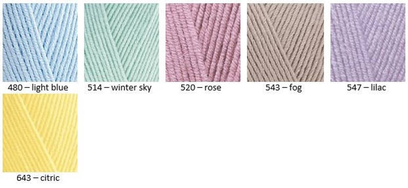 May include: Yarn samples in various colors, including light blue, winter sky, rose, fog, lilac, and citric. Each sample is labeled with a number and color name.