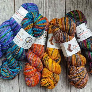 Yarn Gazzal Happy Feet yarn sock yarn wool yarn ethno yarn wool blend yarn multicolor yarn batik yarn super wash yarn colorful yarn rainbow