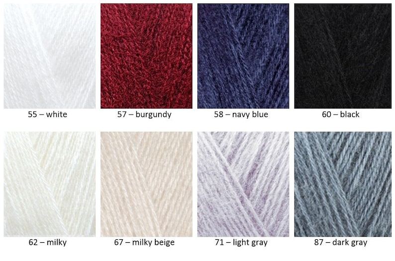 Op de afbeelding: Garenkleurenkaart met 10 verschillende kleuren, waaronder wit, bordeauxrood, marineblauw, zwart, melkachtig, melkachtig beige, lichtgrijs en donkergrijs. De kaart toont de garenkleurnummers en -namen.