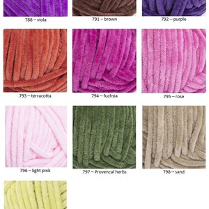 May include: Assortment of 10 colors of chunky yarn, including purple, brown, terracotta, fuchsia, rose, light pink, green, sand, and lime.