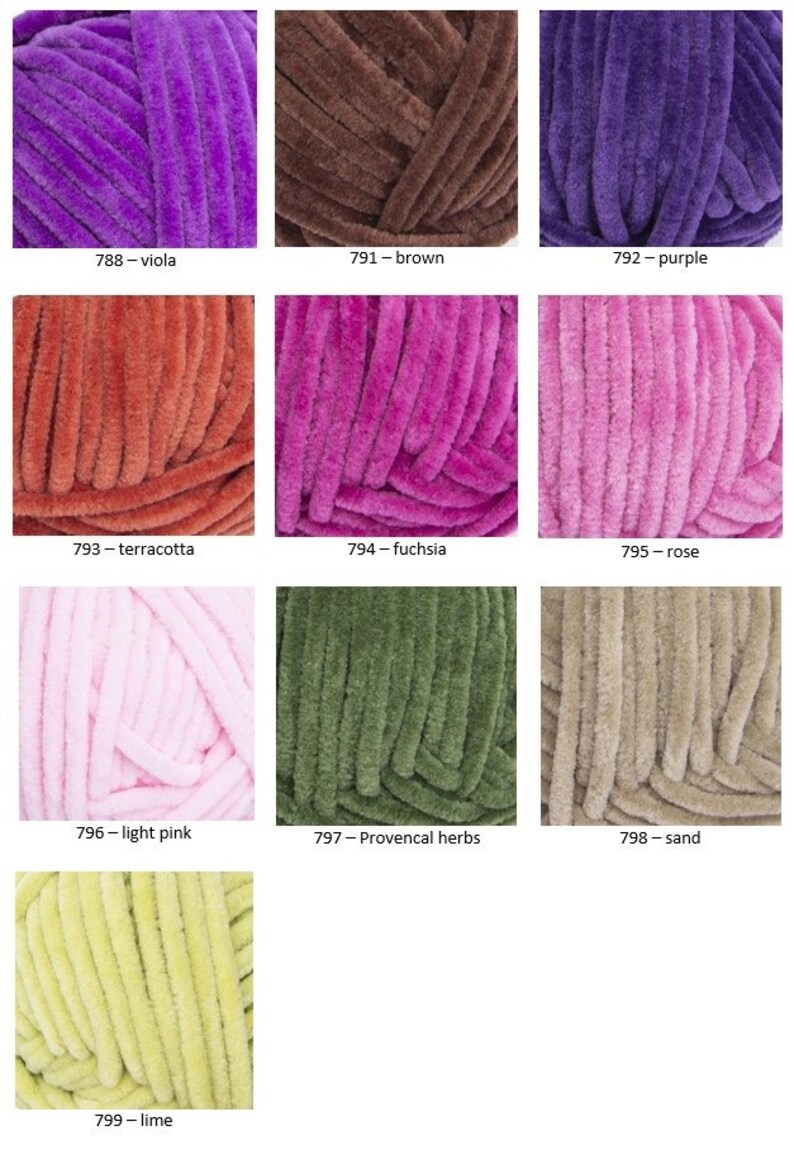 May include: Assortment of 10 colors of chunky yarn, including purple, brown, terracotta, fuchsia, rose, light pink, green, sand, and lime.