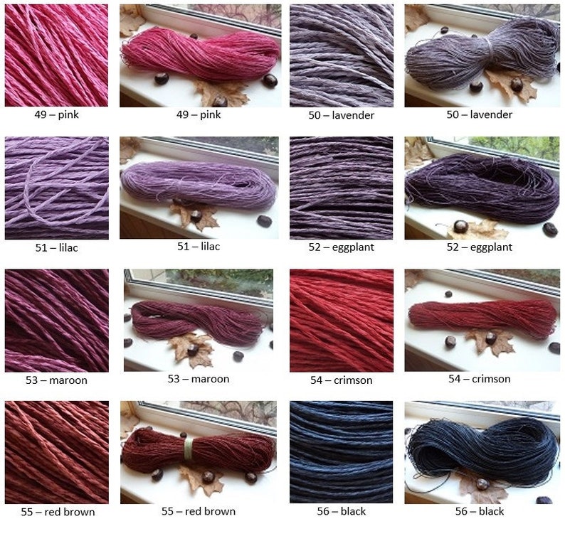 Op de afbeelding: Een verzameling van 10 bollen natuurlijke vezelgaren, geverfd in verschillende tinten roze, lavendel, lila, aubergine, donkerrood, scharlakenrood, roodbruin en zwart. Het garen wordt getoond op een vensterbank met herfstbladeren.