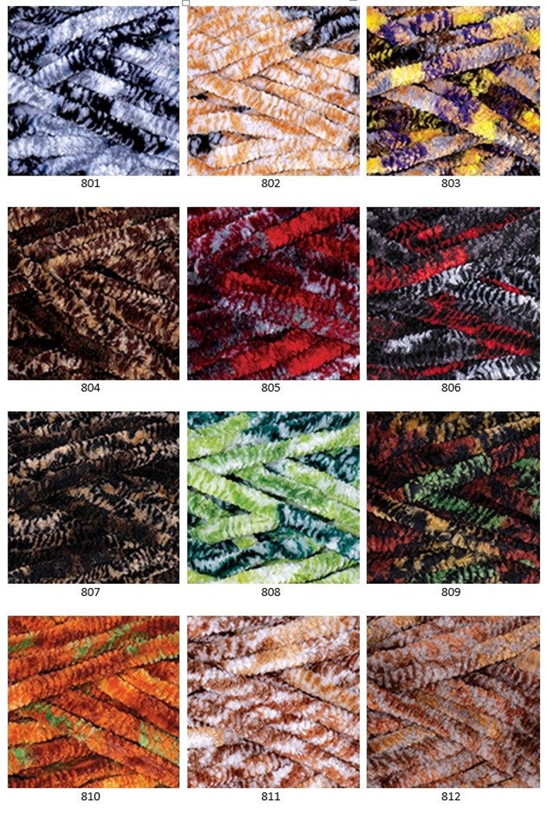 May include: A collection of 12 different colors of yarn, each with a unique pattern. The yarn is soft and fluffy, and it is perfect for knitting or crocheting.