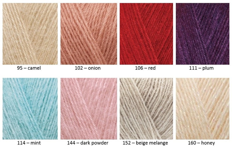 Op de afbeelding: Een verzameling garenstalen in verschillende kleuren, waaronder camel, ui, rood, pruim, mint, donker poeder, beige melange en honing.
