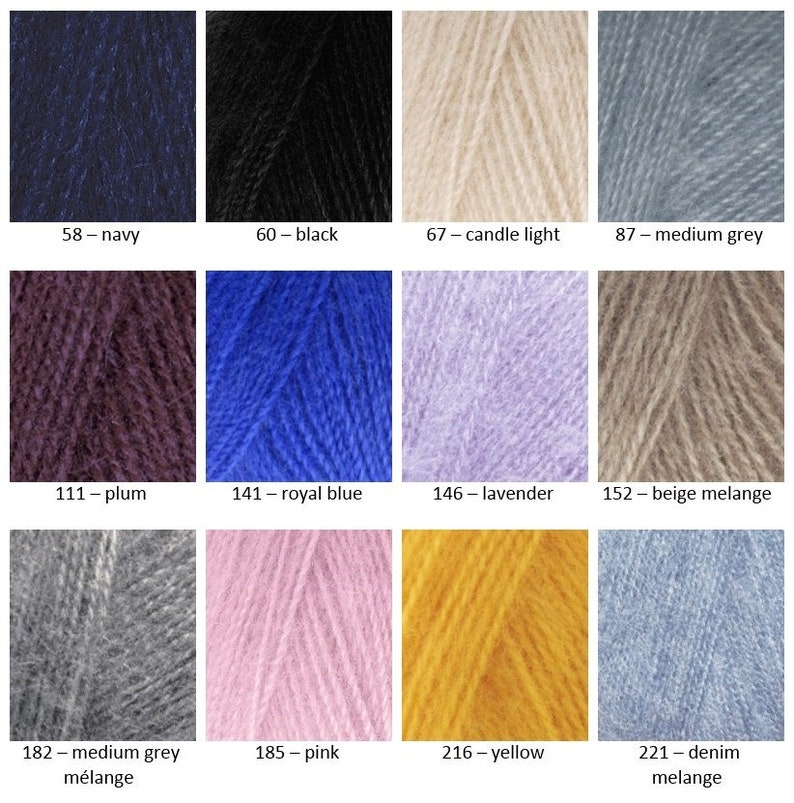 May include: A collection of yarn samples in various colors, including navy, black, candle light, medium grey, plum, royal blue, lavender, beige melange, medium grey melange, pink, yellow, and denim melange.