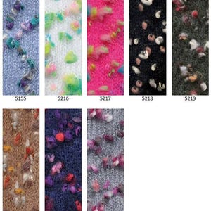 May include: A collection of yarn samples in various colors and patterns. The yarn is a fuzzy, speckled texture. The yarn samples are labeled with numbers: 5155, 5216, 5217, 5218, 5219, 5220, 5221, 5222.