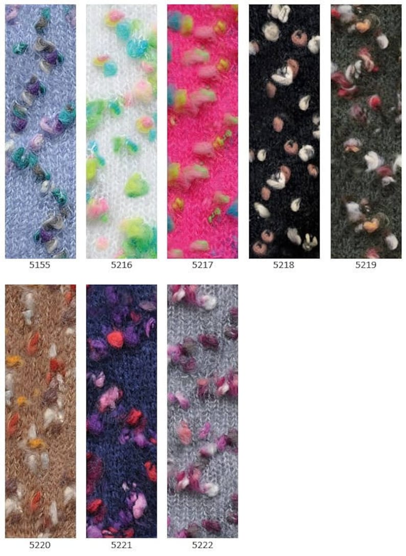 May include: A collection of yarn samples in various colors and patterns. The yarn is a fuzzy, speckled texture. The yarn samples are labeled with numbers: 5155, 5216, 5217, 5218, 5219, 5220, 5221, 5222.